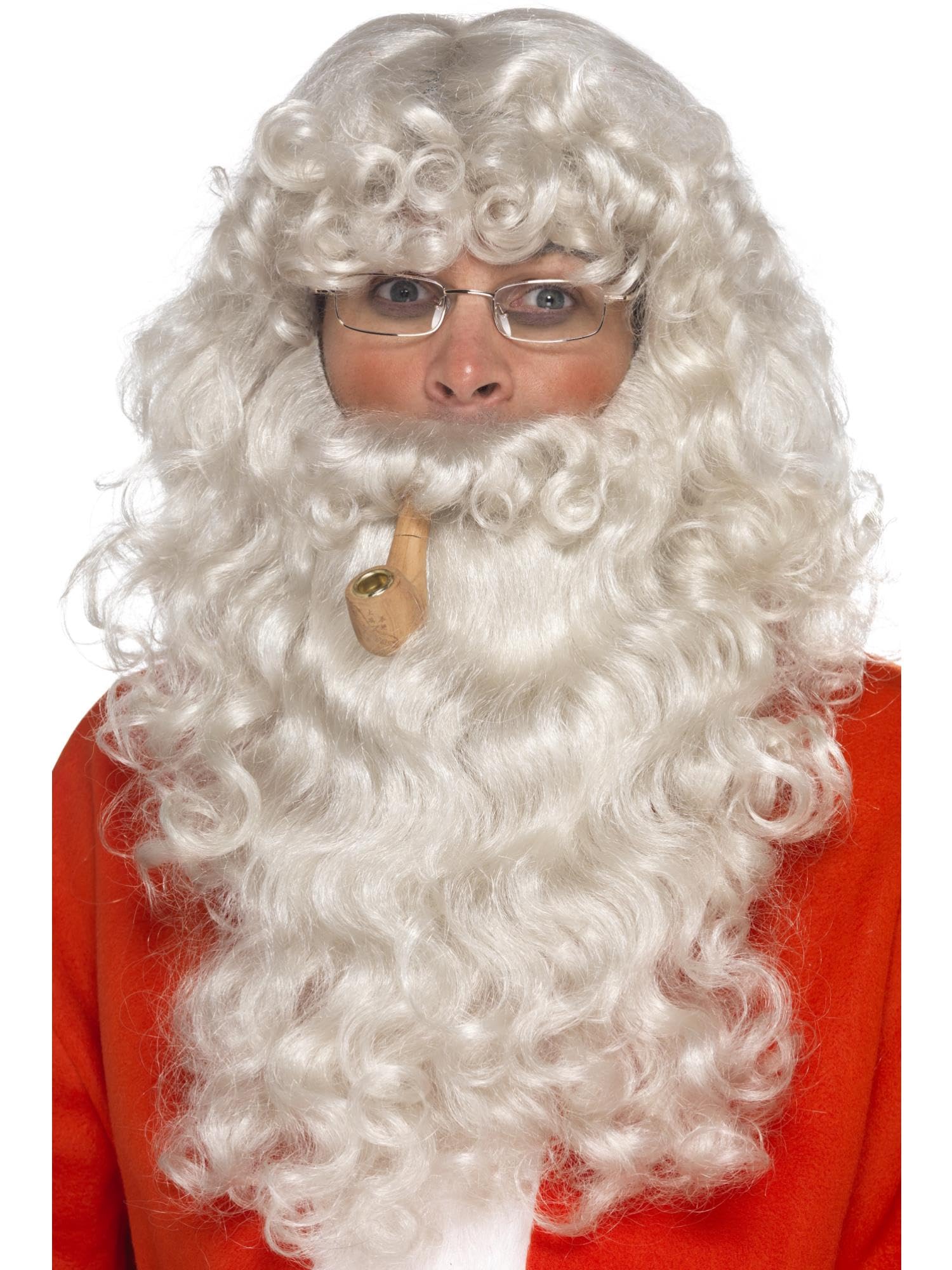 Smiffys Deluxe Santa Dress Up Kit, Grey, Authentic Christmas Fancy Dress Accessory Set with Wig, Beard, Glasses & Pipe, Completing Your Santa Costume, Santa Dress Up