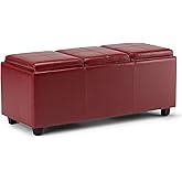 SIMPLIHOME Avalon Storage Ottoman - 42 inch Wide Upholstered Vegan Leather Rectangular Flip-Top Ottoman in Red, Contemporary Coffee Table Ottoman for Living Room with Hidden Storage