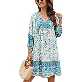 Bluetime Women Casual Summer Dress Boho V Neck 3/4 Sleeve Babydoll Floral Print Flowy Beach Dress