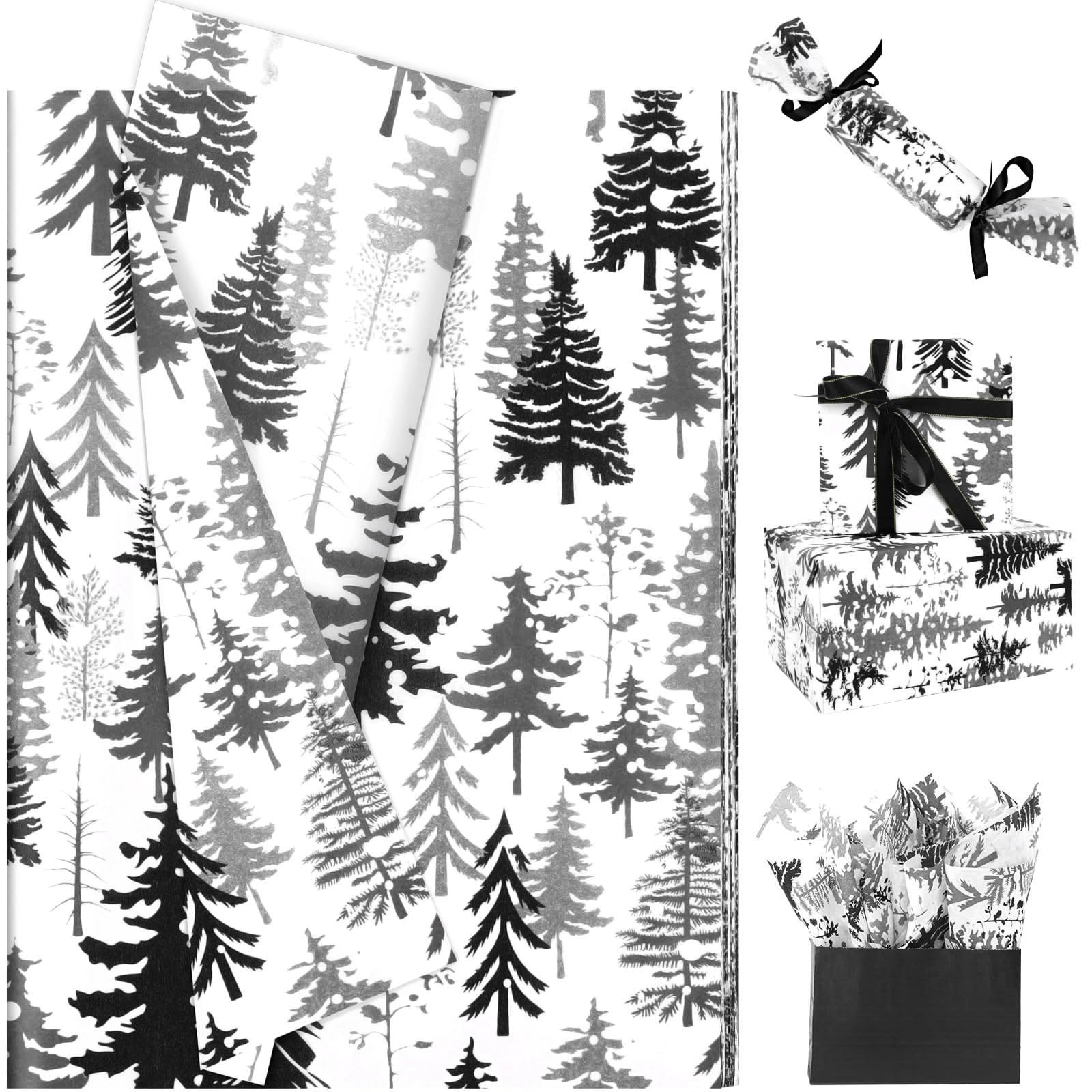 Photo 1 of 100 Sheets Christmas Tree Tissue Paper, 20 x 14in Watercolor Xmas Tree Print Wrapping Tissue Tree Art Decorative Tissue for Christmas Party Supplies (Black)