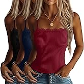 Xaatren 3 Pcs Women's Camisole Tank Tops Lace Trim Boat Neck Ribbed Adjustable Spaghetti Strap Y2K Slim Tight Cami Shirts(Black, Navy Blue, Wine Red,Large)