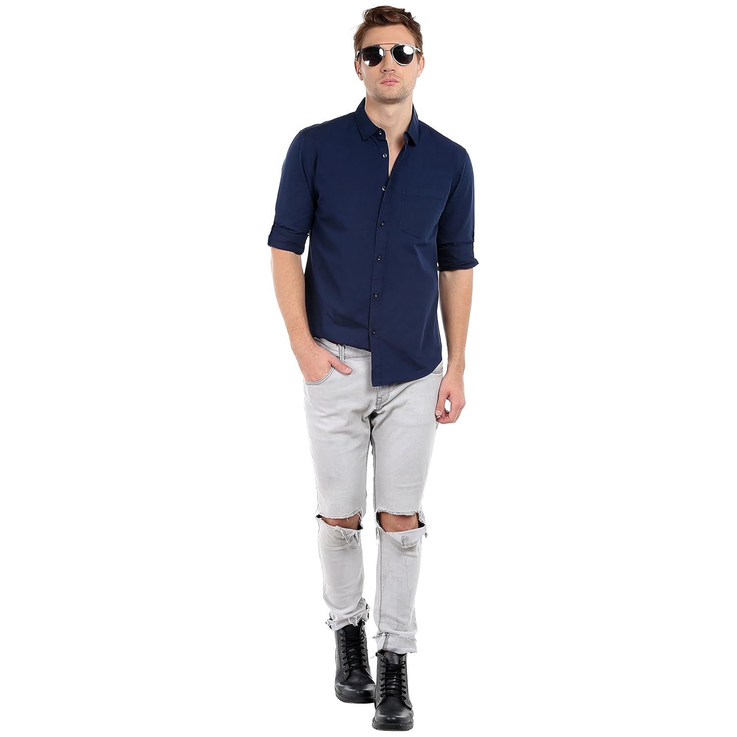dennis lingo men's cotton navyblue solid casual shirt