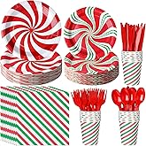 175 Pcs Christmas Candy Cane Party Plates Supplies,Christmas Disposable Tableware Peppermint Swirl Red Green Paper Plate and Napkins Cup Knives Spoon for Christmas Holiday Party Decorations,Serve 25