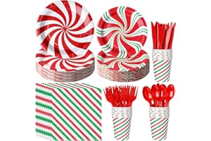JECTIVS 175 Pcs Christmas Candy Cane Party Plates Supplies,Christmas Disposable Tableware Peppermint Swirl Red Green Paper Plate and Napkins Cup Knives Spoon for Christmas Holiday Party Decorations,Serve 25
