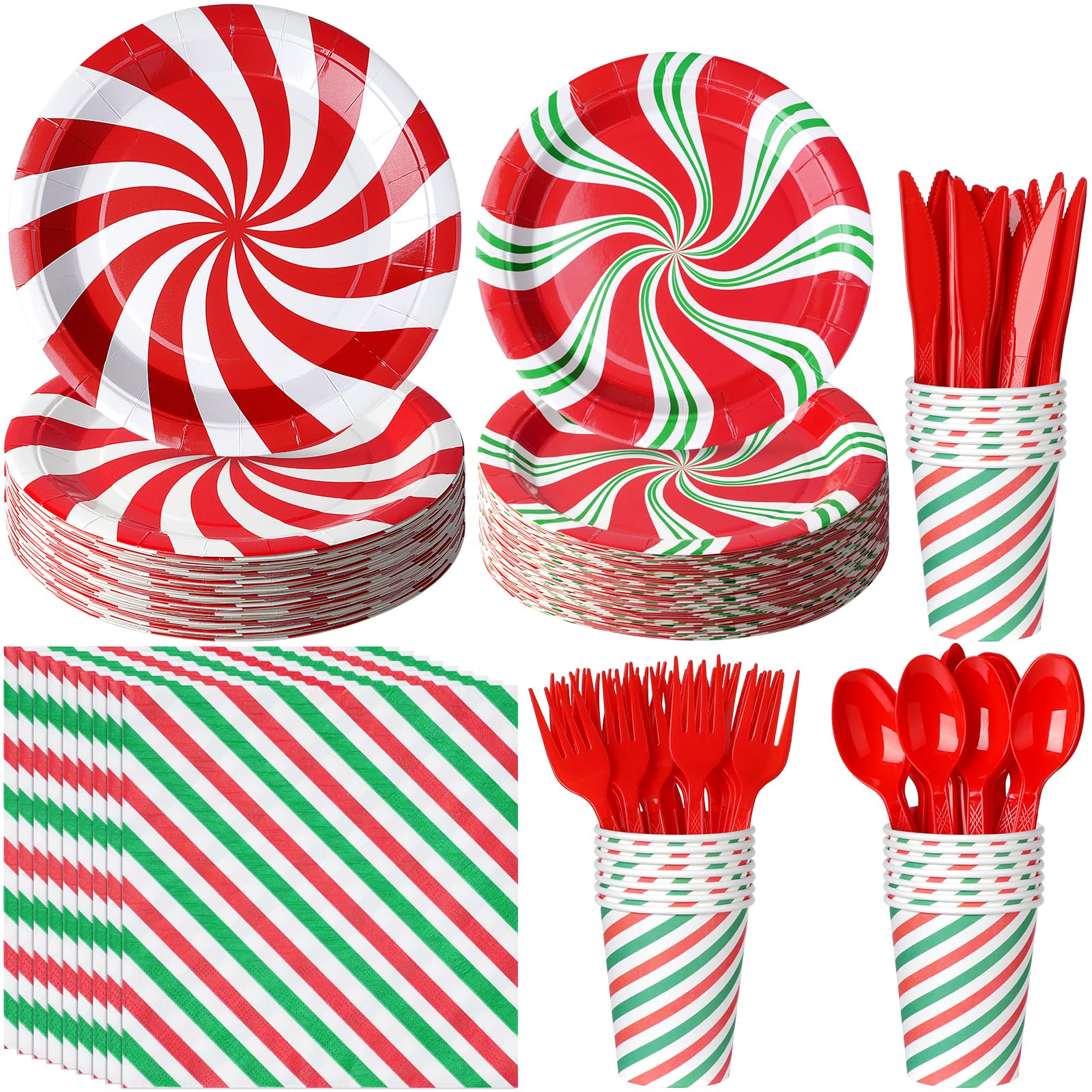 Photo 1 of 350 Pcs Christmas Candy Cane Party Plates Supplies, Disposable Tableware Peppermint Swirl Red Green Paper Plate and Napkins Cup Knives Spoon for Holiday Party Decorations, Serve 50