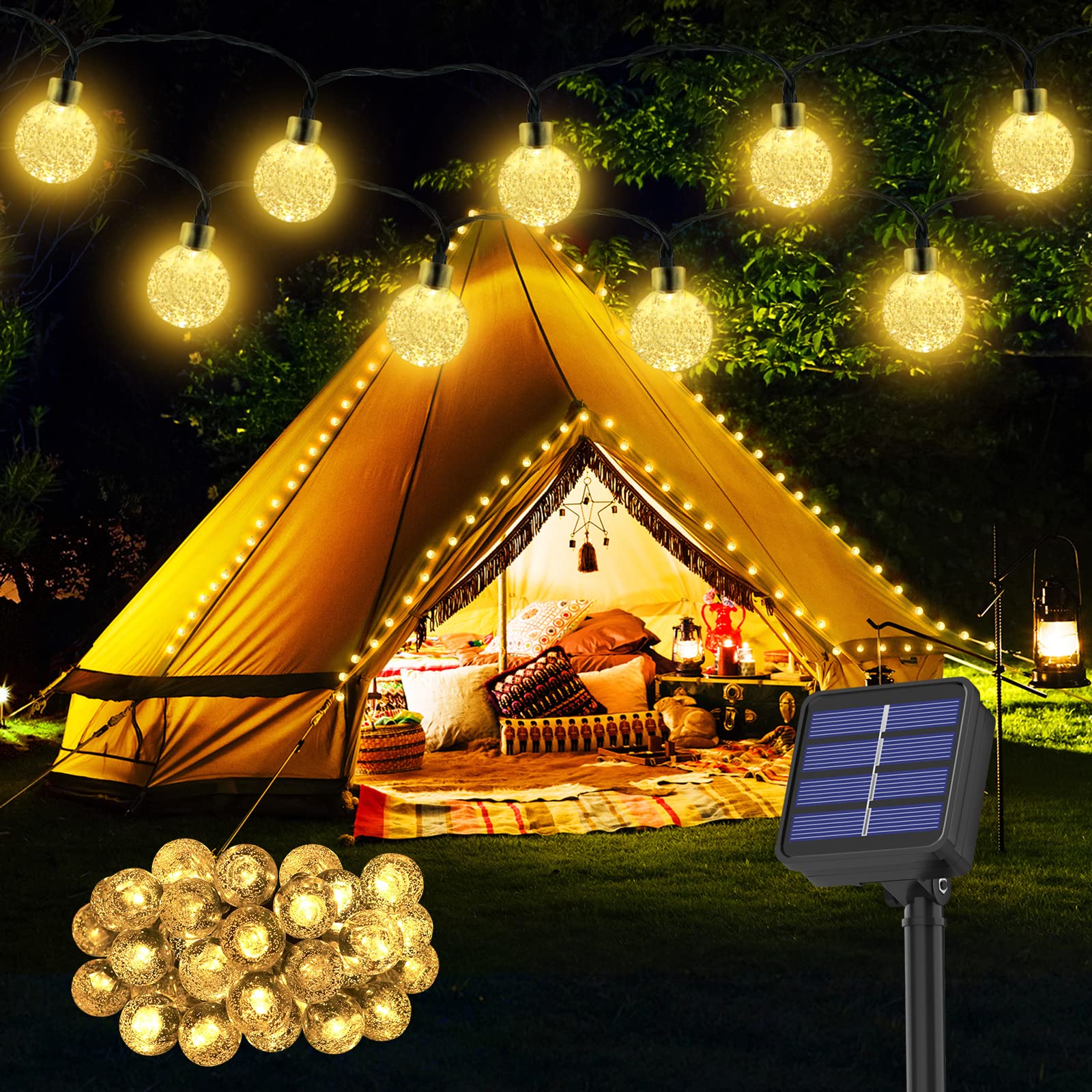 Realky Solar Lights Garden, 8.1M/26.6Ft 30LED Solar Ball Lights, IP65 Crystal Globe String Lights, 8 Modes Fairy Lights for Garden, Wedding, Party(Warm White+New Memory Function), (XY-SO-F-30)