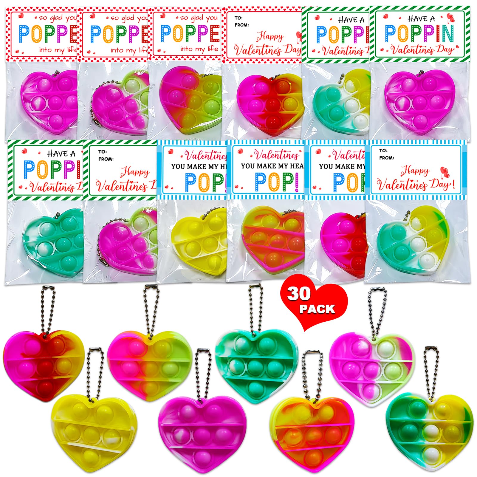 YXOTJHS 30 Pack Valentines Day Gifts For Kids Classroom, Heart Pop It For Class, Valentines Day Cards For Kids School Boys Girls, Toddler Valentine Gift Exchange Fidget Bulk