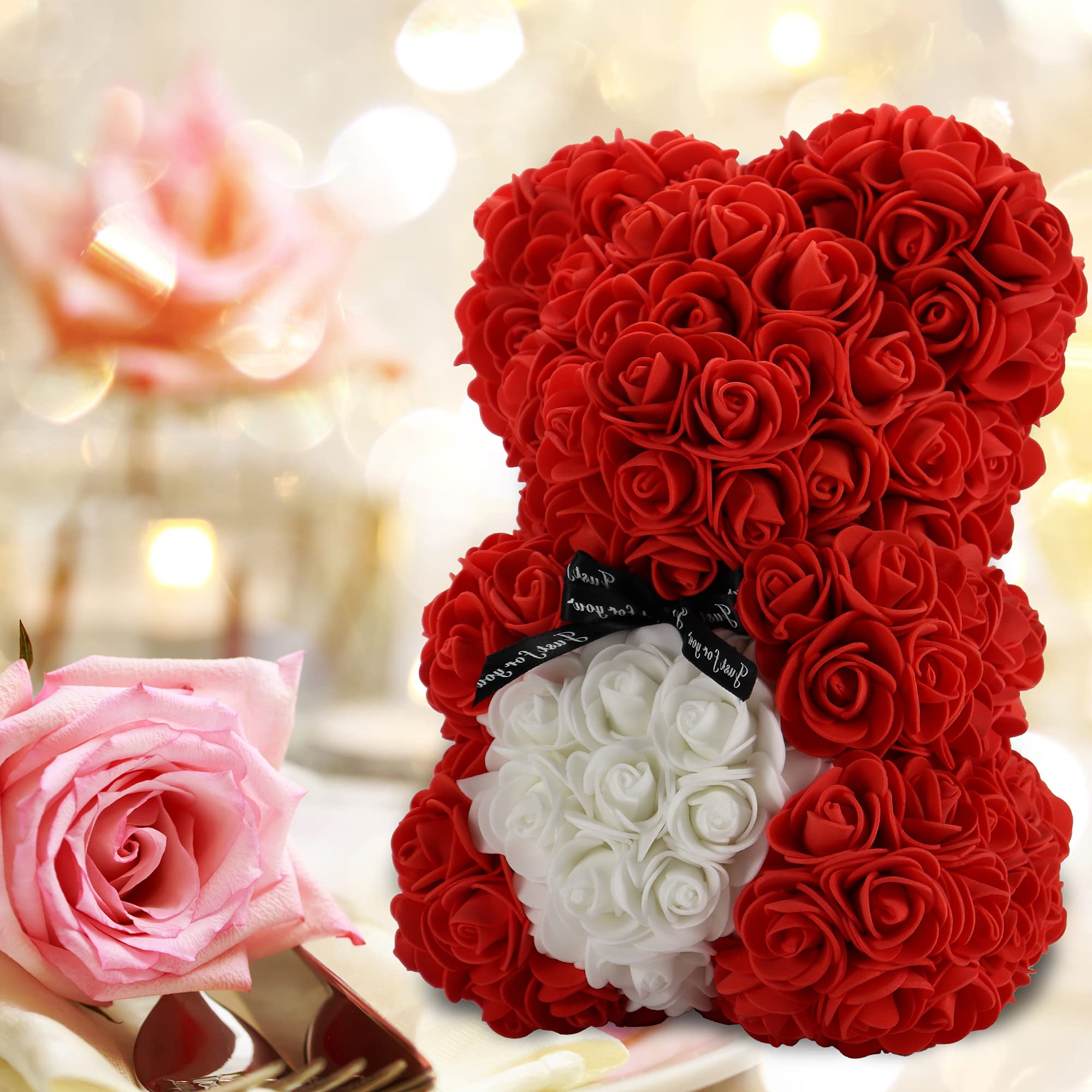 Gifts for Women，Birthday Gifts ，Rose Flower Bear-Hand Made Rose Teddy Bear,Best Artificial Decoration Gifts for mom, Gifts for Girls,Unique Gifts,The Perfect Party Clear Gift Box (Red)
