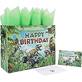 13'' Large Dinosaur Truck Birthday Gift Bag Set with Handles, Greeting Card, Blue Tissue Papers and Stickers for Boys Kids Teens Men for Birthday, Boy's Party, Baby Shower, Dinosaur Truck Design, 1 Pcs
