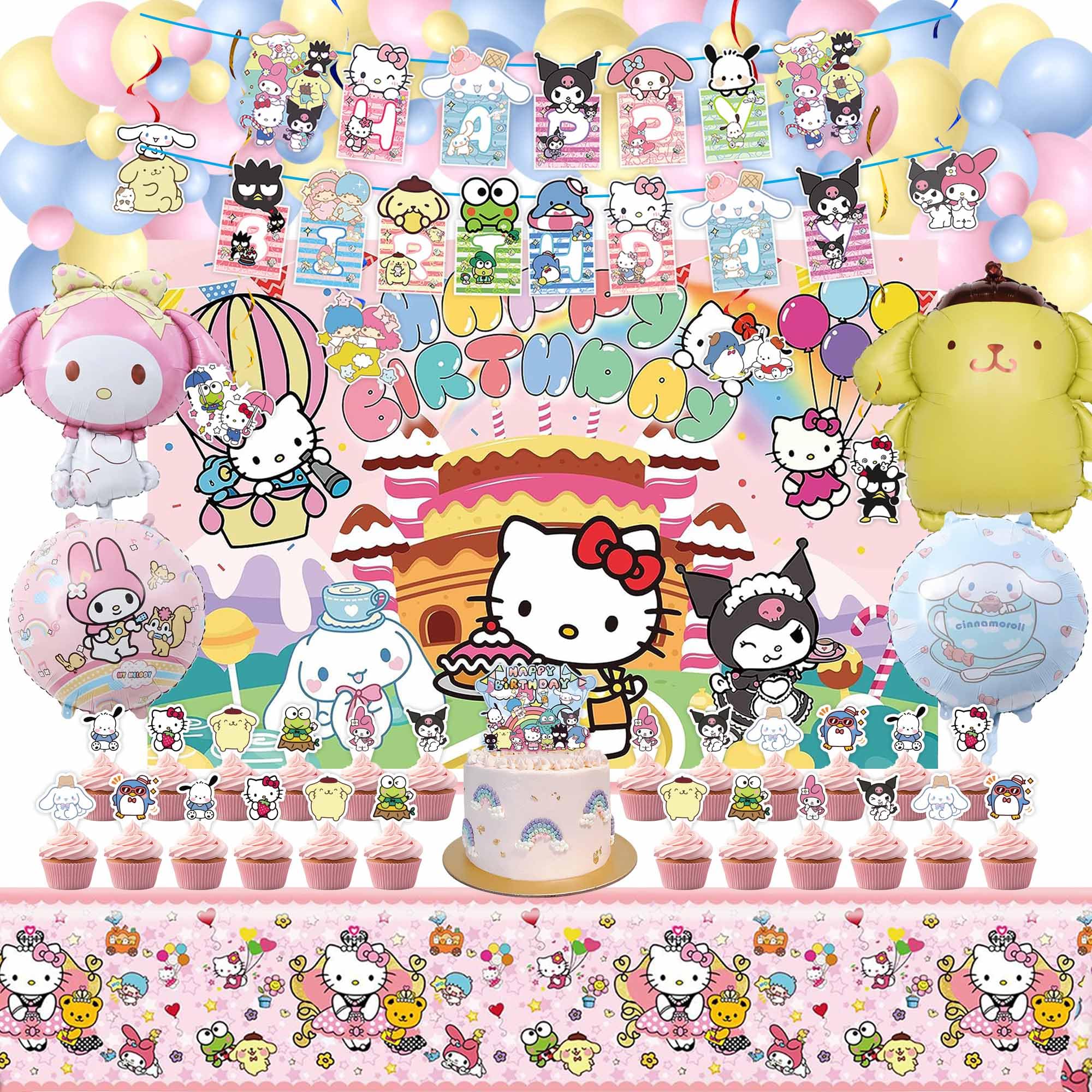 Photo 1 of Kawaii Party Decorations Include HAPPY BIRTHDAY Banners, Hang Swirls, Backdrop, Tablecloth, Cake Decorations, Balloons, Kawaii Party Favors, Kawaii Party Supplies