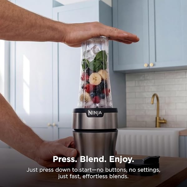 NINJA NUTRI-PLUS PERSONAL BLENDER | COMPACT PUSH TO BLEND | MAKE FROZEN DRINKS, SMOOTHIES, SAUCES & MORE | WITH (3) 20 OZ. TO-GO CUPS, (2) SPOUT-LIDS & (1) STORAGE-LID | 900 PEAK WATT | SILVER | BN301