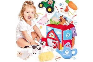 hahaland Baby Toys 6-12 Months - 13Pcs Surprise Developmental Box with Stuffed Farm Animals, Rattle, Crinkle Tissue, Squeaker