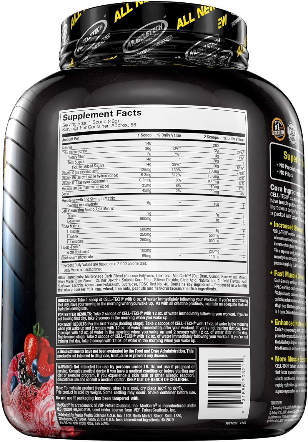 Creatine Monohydrate Powder + Carb Mass Gainer | MuscleTech Cell-Tech | Post Workout Recovery Drink | Muscle Recovery + Muscle Builder | Amino Acids, BCAA Powder | Fruit Punch, 6 lbs (56 Servings): Health & Personal Care
