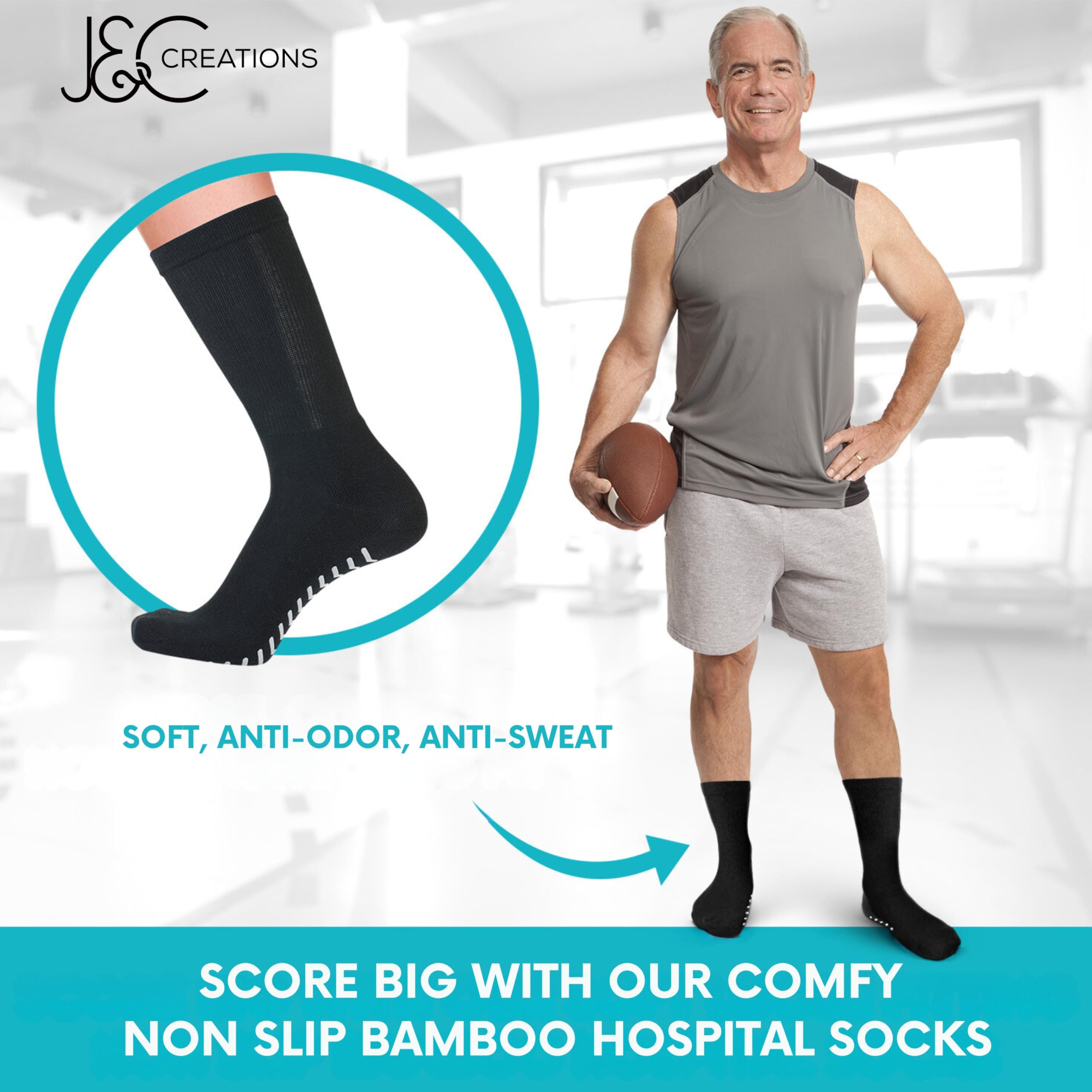 J&C Creations Premium Quality Grip Socks Men Size 10-13 - Hospital Socks For Men With Grips - 80% Viscose Bamboo