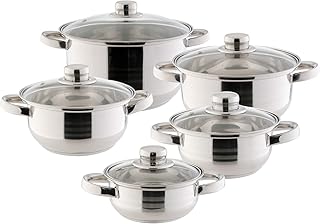 Topfset 10-teilig Edelstahl Kochtöpfe mit Glasdeckel Kochtopfset mit Schleifdekor Topfset Töpfe - Topf Durchmesser jeweils ca. 14,16,18,20 und 24 cm