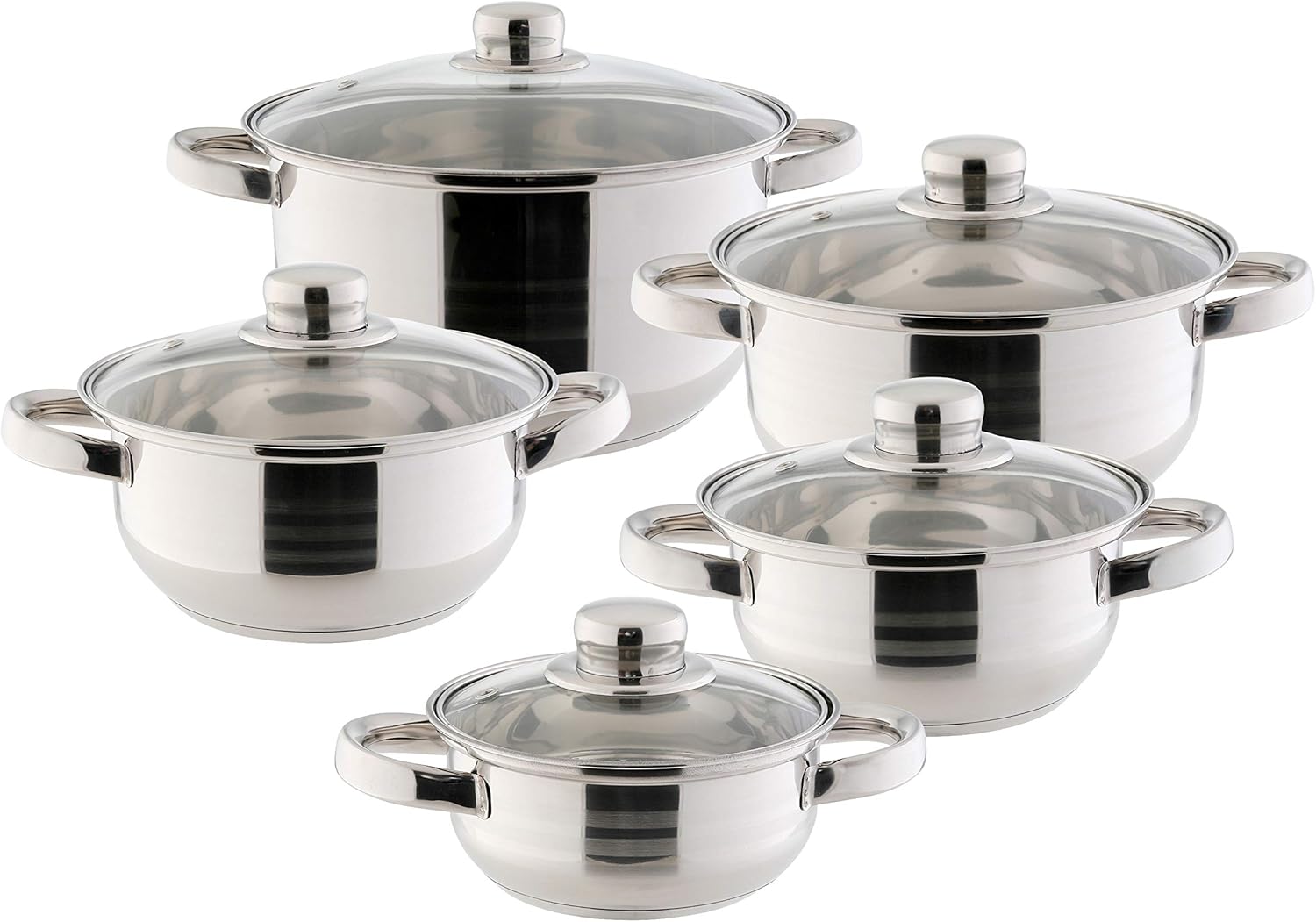 Topfset 10-teilig Edelstahl Kochtöpfe mit Glasdeckel Kochtopfset mit Schleifdekor Topfset Töpfe - Topf Durchmesser jeweils ca. 14,16,18,20 und 24 cm
