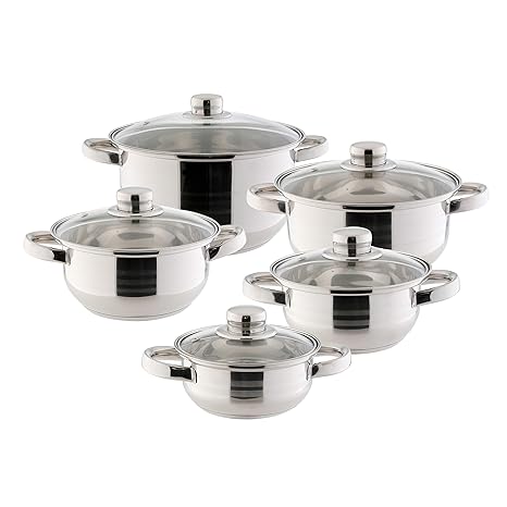 Topfset 10-teilig Edelstahl Kochtöpfe mit Glasdeckel Kochtopfset mit Schleifdekor Topfset Töpfe - Topf Durchmesser jeweils ca