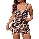 SOLY HUX Women's Plus Size Leopard Pajama Set Mesh Sheer V Neck Cami Tops and Shorts Sleepwear Loungewear