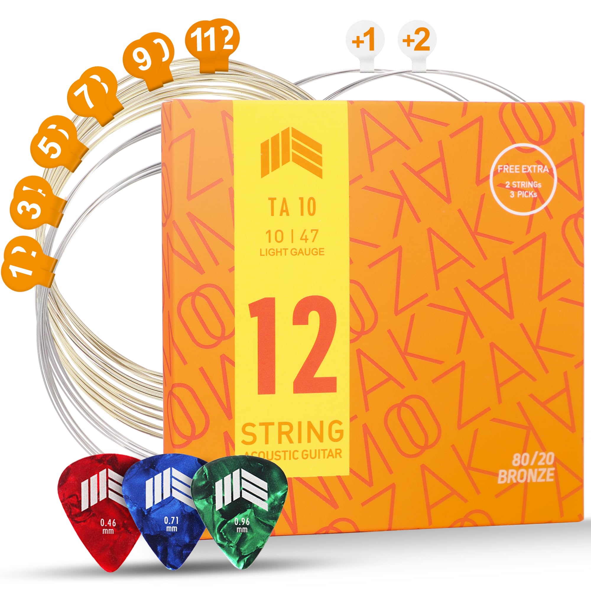 MOOZAK Acoustic Guitar 12-String 80/20 Bronze, Durable & Bright Tone Steel Strings, Extra 1st & 2nd String, 3 Picks Included – Ideal for Gifts & All Players