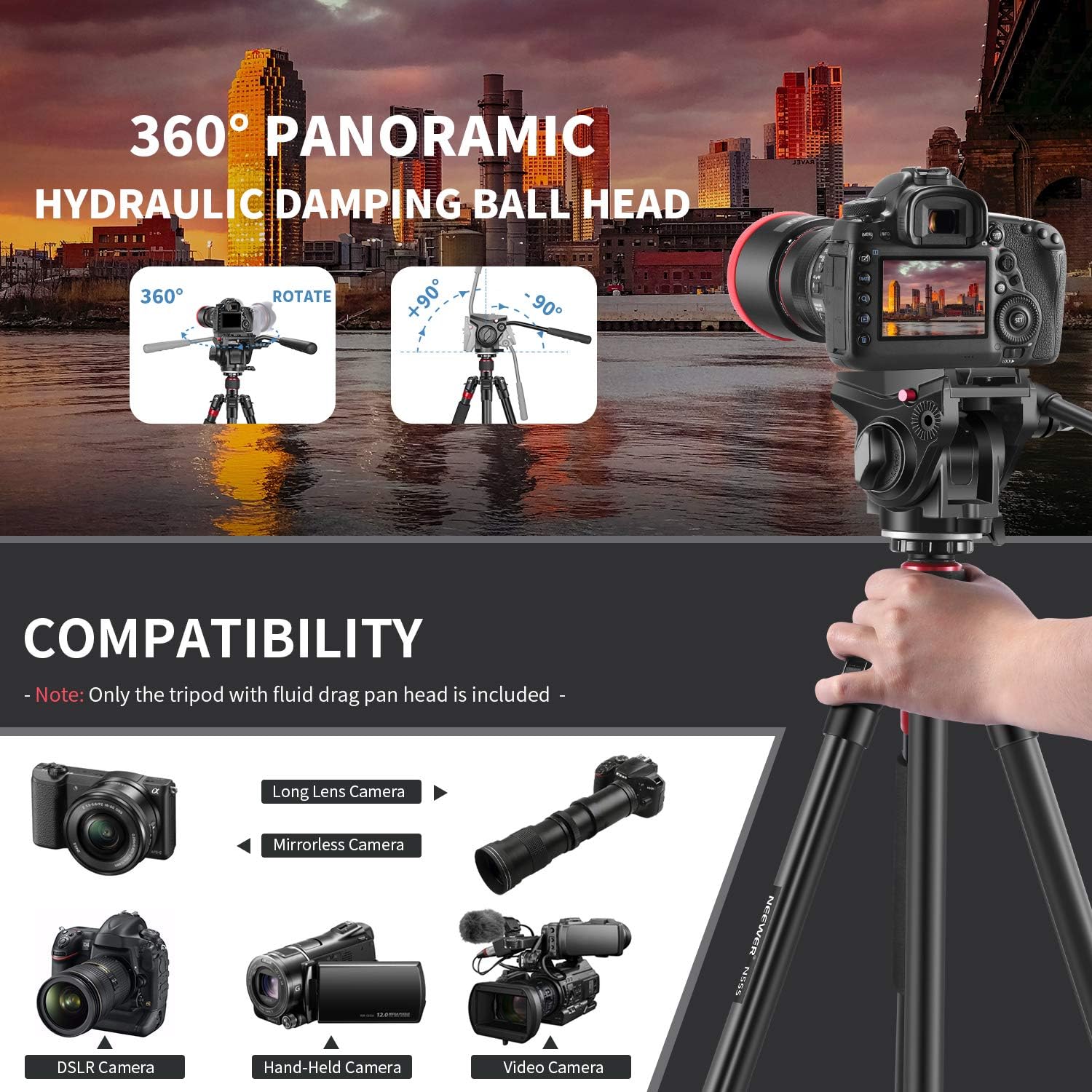 Neewer 2-in-1 Aluminum Alloy Camera Tripod Monopod 70.8inches/180cm with 1/4 and 3/8 inch Screws Fluid Drag Pan Head and Carry Bag for Nikon Canon DSLR Cameras Video Camcorders Load up to 26.5 pounds : Camera & Photo