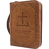 GraduatePro Bible Cover Case, Psalm 46:10, PU Leather Zippered Bag with Carrying Handle, Large Size Vintage Brown