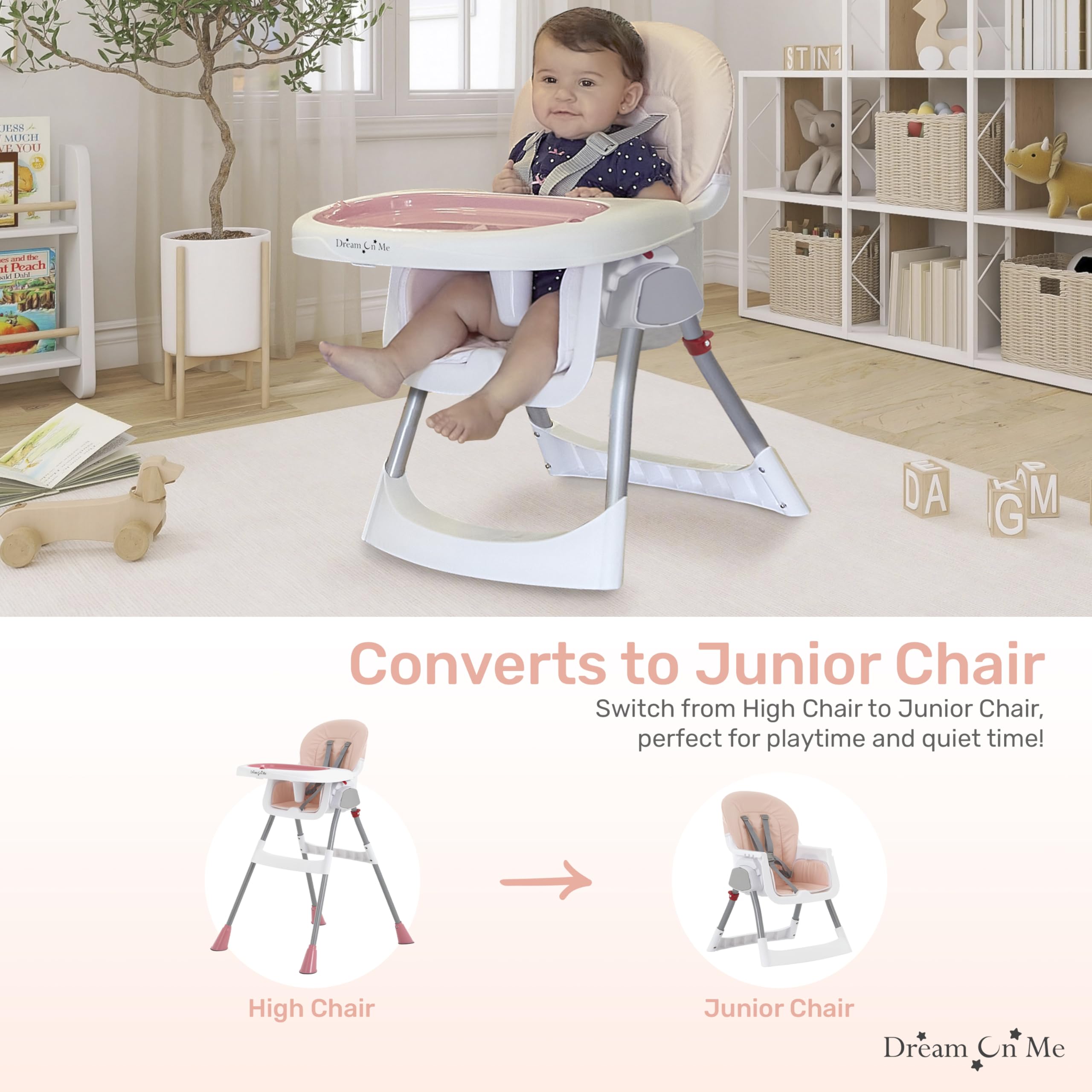 Dream On Me Portable 2-in-1 Tabletalk High Chair in Pink, Three Adjustable Height Settings, Lightweight Portable High Chair, Easy To Clean and Removable Tray