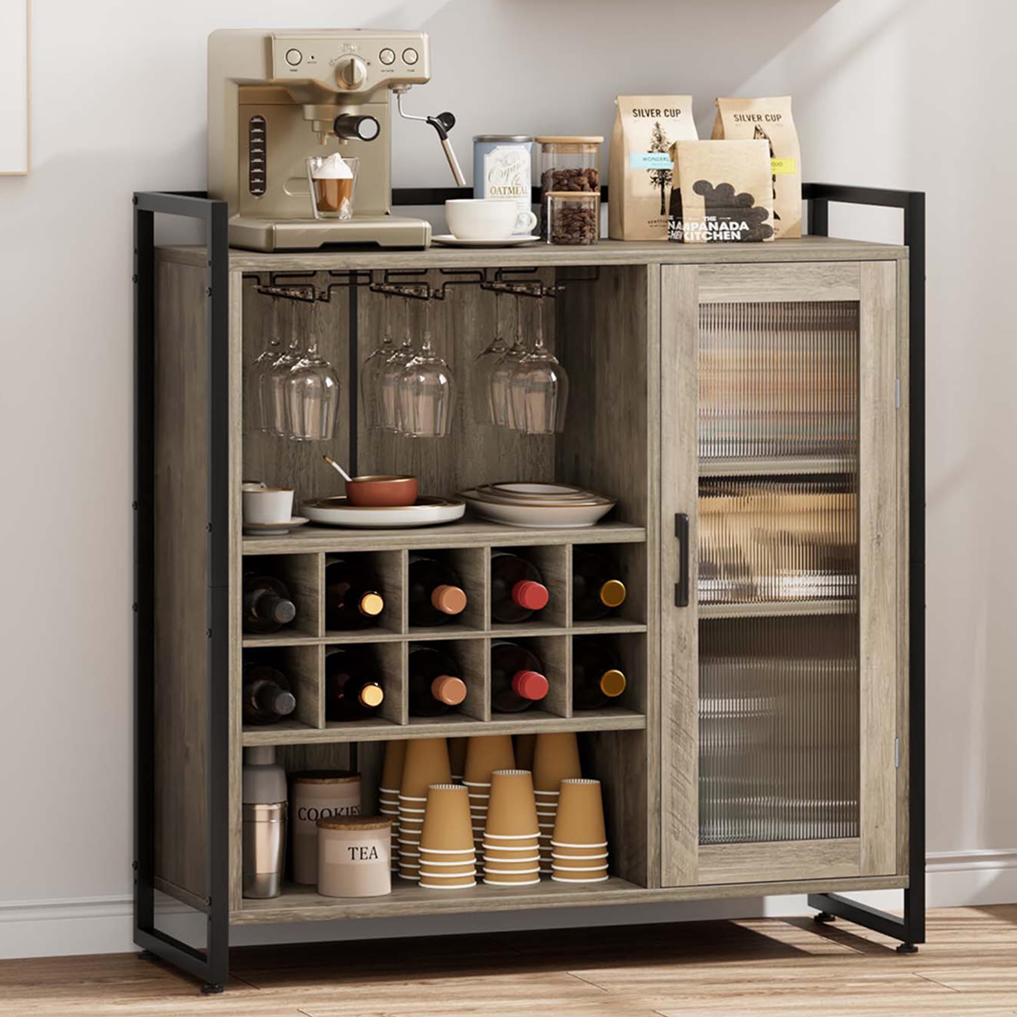 Wine Bar Cabinet with Detachable Wine Rack, Coffee Bar with Glass - Main Image