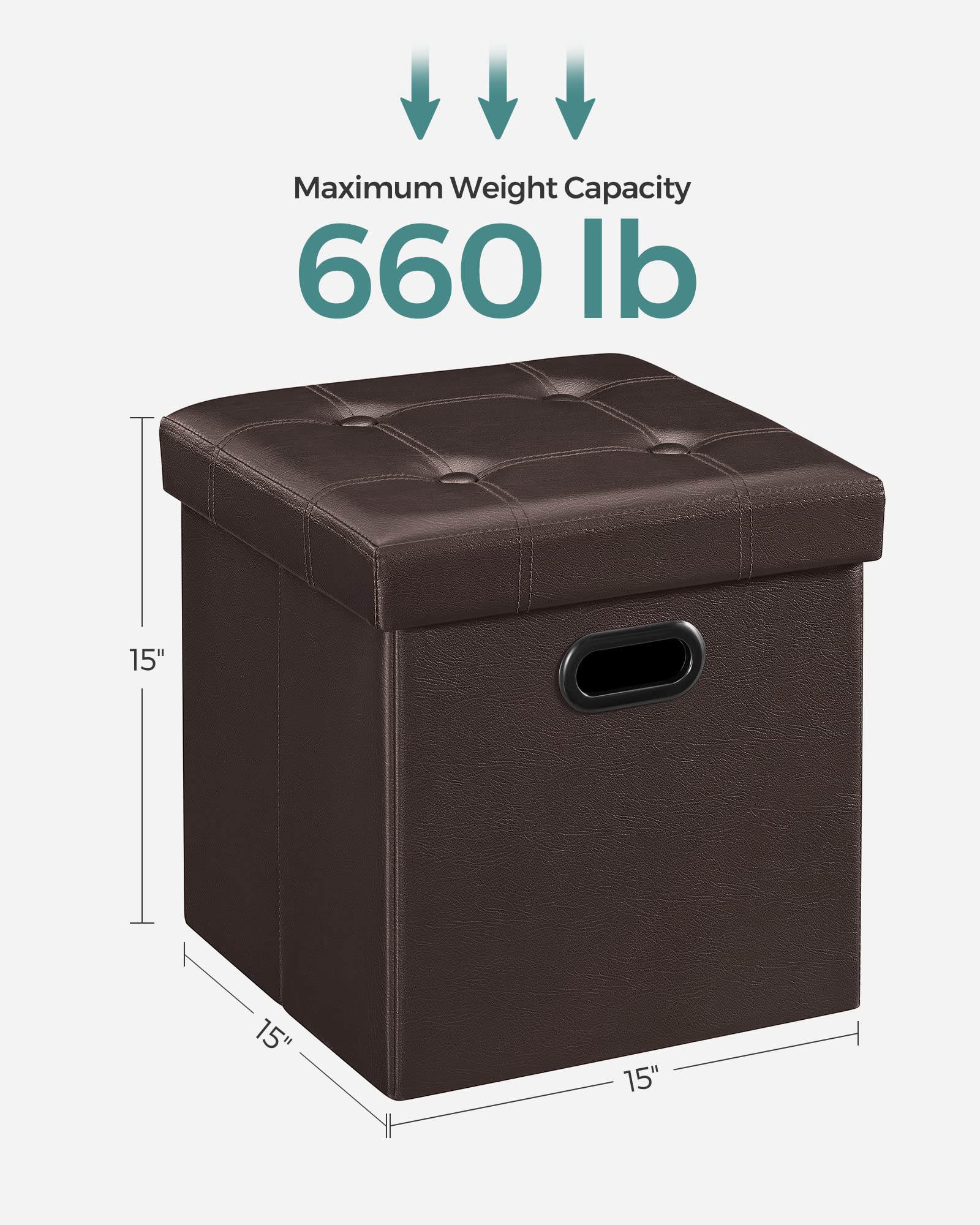 SONGMICS 15 Inches Ottoman with Storage, Footstool, Storage Ottoman with Metal Grommet Handles, Synthetic Leather, 660 lb Load Capacity, for Dorm Room, Living Room, Bedroom, Brown ULSF30Z