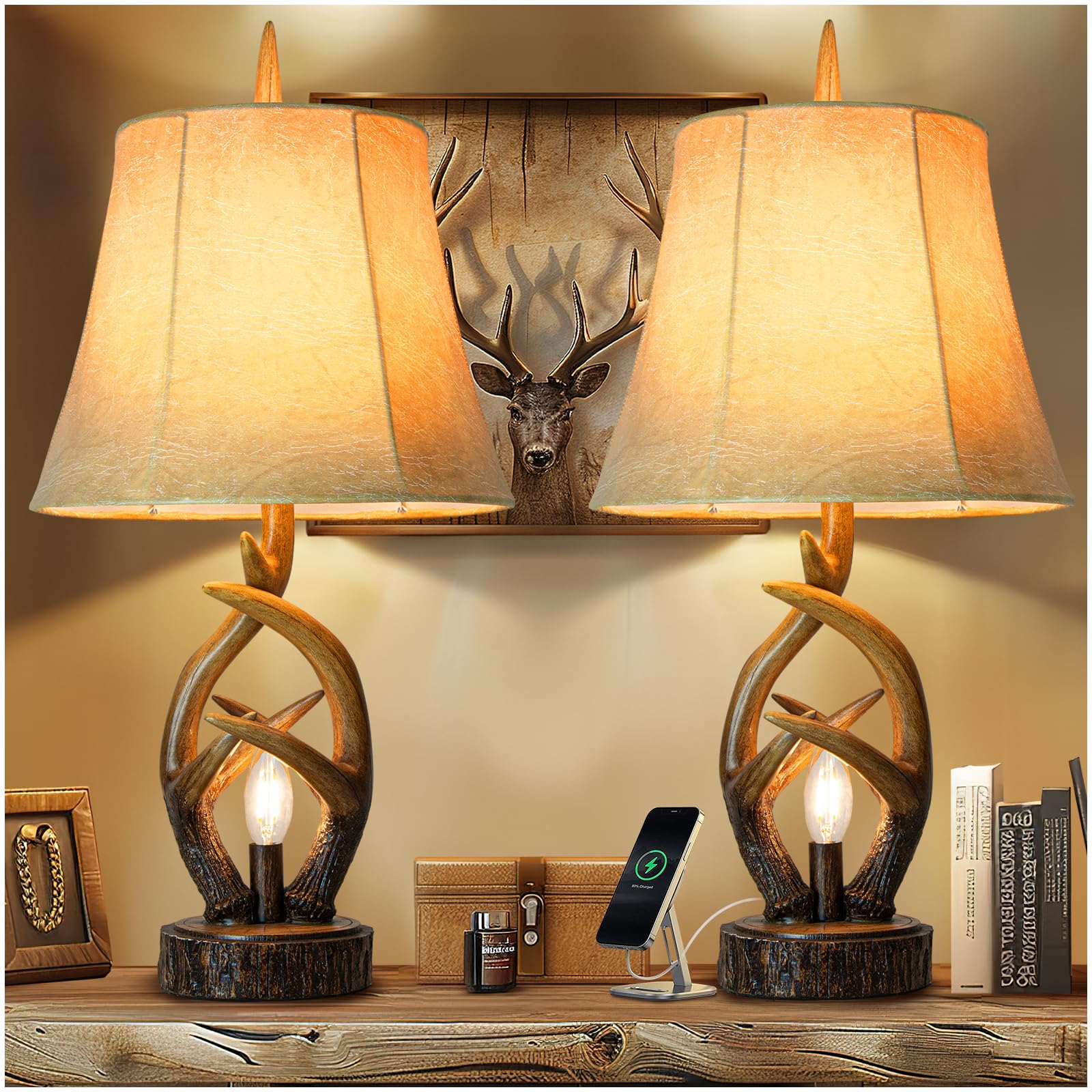 Photo 1 of Scenekoy Rustic Farmhouse Antlers Bedside Table Lamp Set of 2 with Nightlight Dual USB Ports Leather Soft Bell Shade Brown Finish nightstand Lamp Decor for Living Room Bedroom Office House Hotel