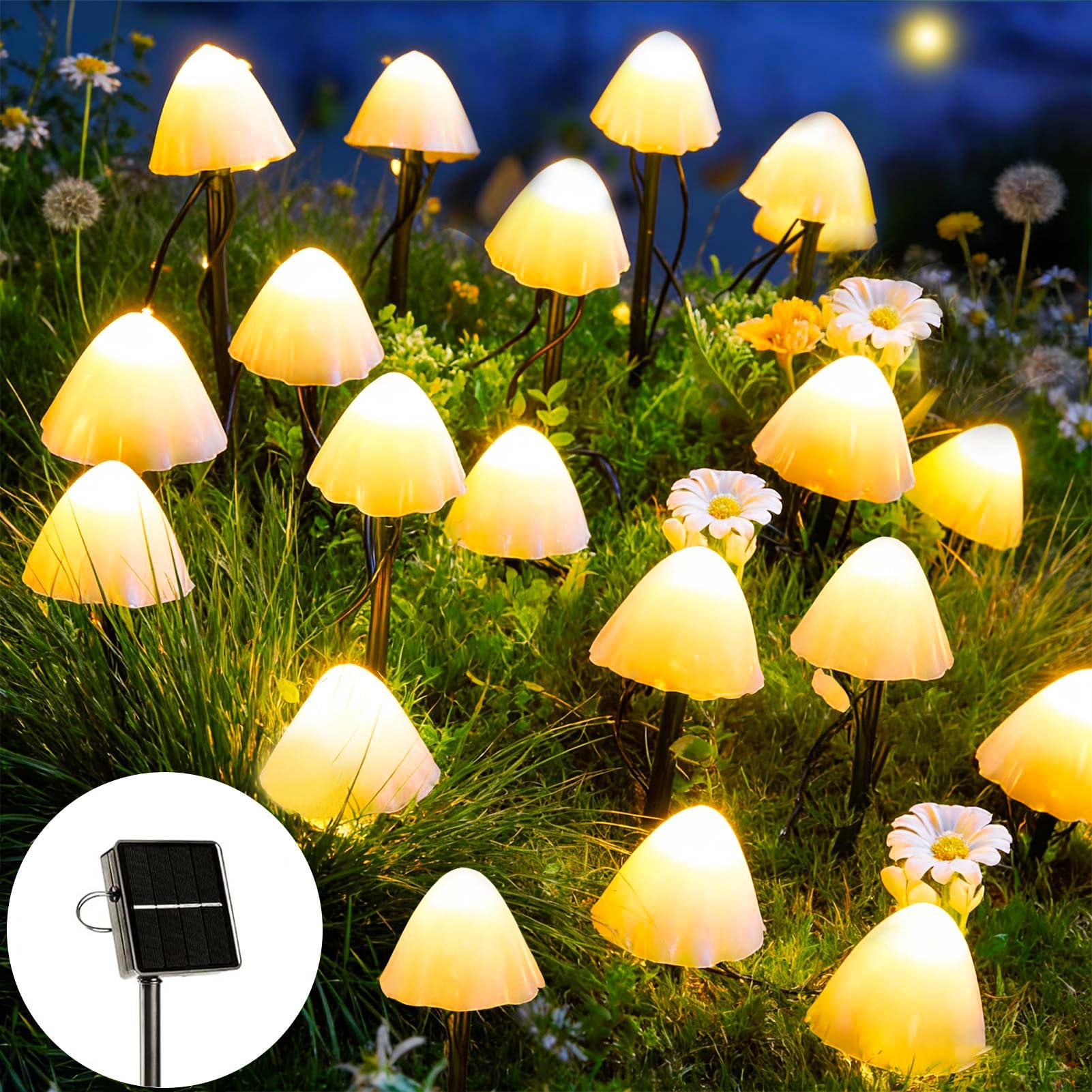 Joycome Solar Garden Ornaments, 5M 20 LED Mushroom Solar Lights Outdoor Garden, IP65 Waterproof Mushroom Stake Lights for Pathway Flower Bed Landscape Fence Backyard Pond Decorations (Warm White)