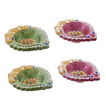 Sundar Home 4 Piece Handmade Terracoaat Diya Candle | Matti Diya & Clay Diya for All Kind of Festival Diwali/Navratri | Colourful Hand Painted Puja Pooja Diya | Home Decoration (Multicolor) (12)