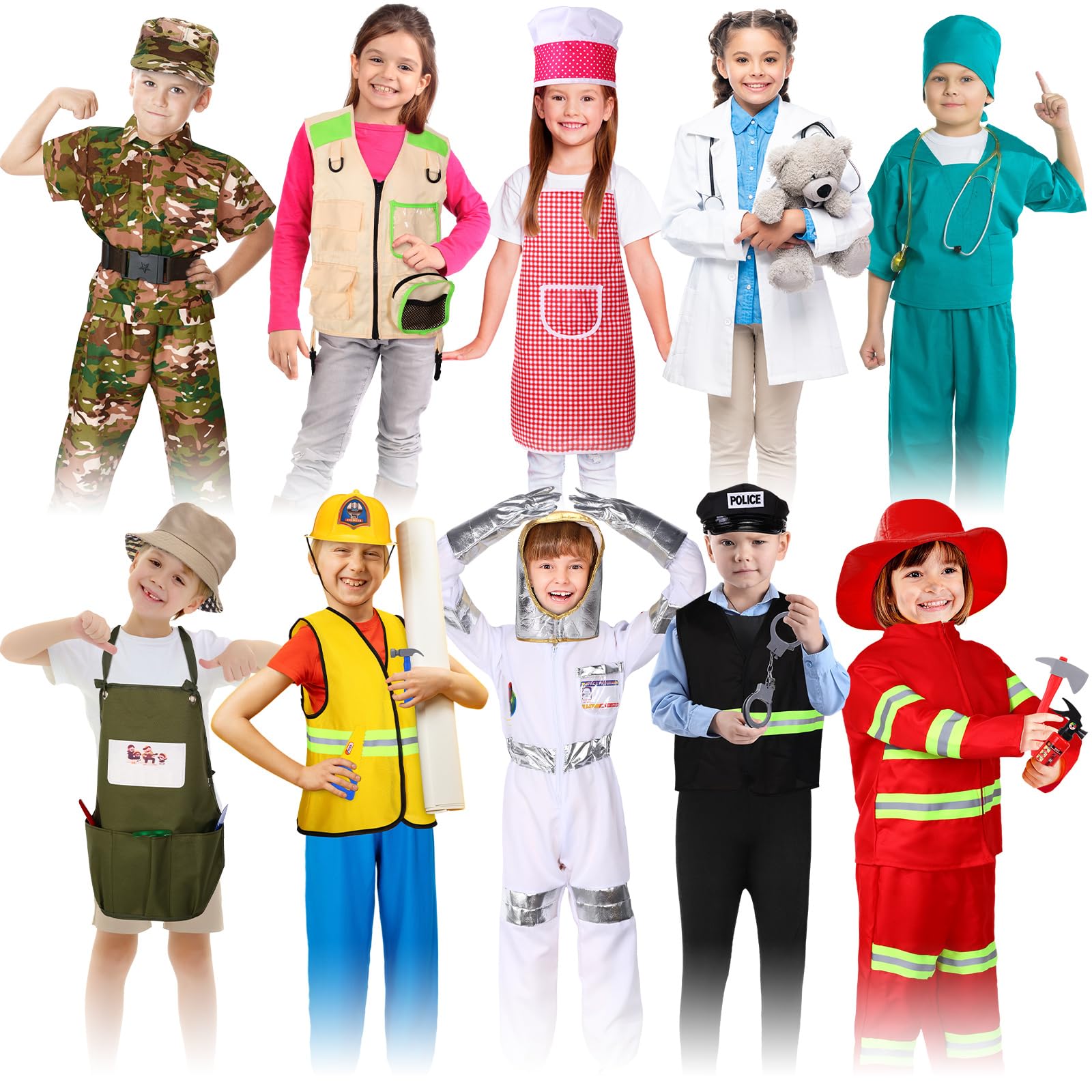Photo 1 of Vicenpal 10 Set Dress up Clothes for 3-8 Years Old Washable Construction Policeman Fireman Doctor Chef Gardener Explorer Scientist Soldier Astronaut Costumes for Boys and Girls Role Playing Activities