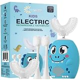 Trueocity Kids U Shape Toothbrush Auto Electric Toddler Rechargeable Kids Automatic Toothbrush | 360° U-Shaped Silicone Brush Head | Gentle Cleaning for Ages 2–7| Dinosaur Design (Blue)