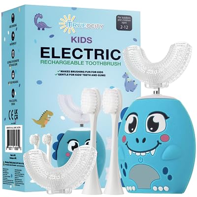 Trueocity Kids U Shape Toothbrush Auto Electric Toddler Rechargeable Kids Automatic Toothbrush | 360° U-Shaped Silicone Brush Head | Gentle Cleaning for Ages 2–7| Dinosaur Design (Blue)