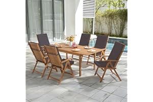 OC Orange-Casual 7 Piece Patio Dining Set, Outdoor Acacia Wood Furniture Set w/Extendable Rectangular Table and 6 Foldable Reclining Chair, Solid Wood, for Deck Garden Backyard, Dark Grey