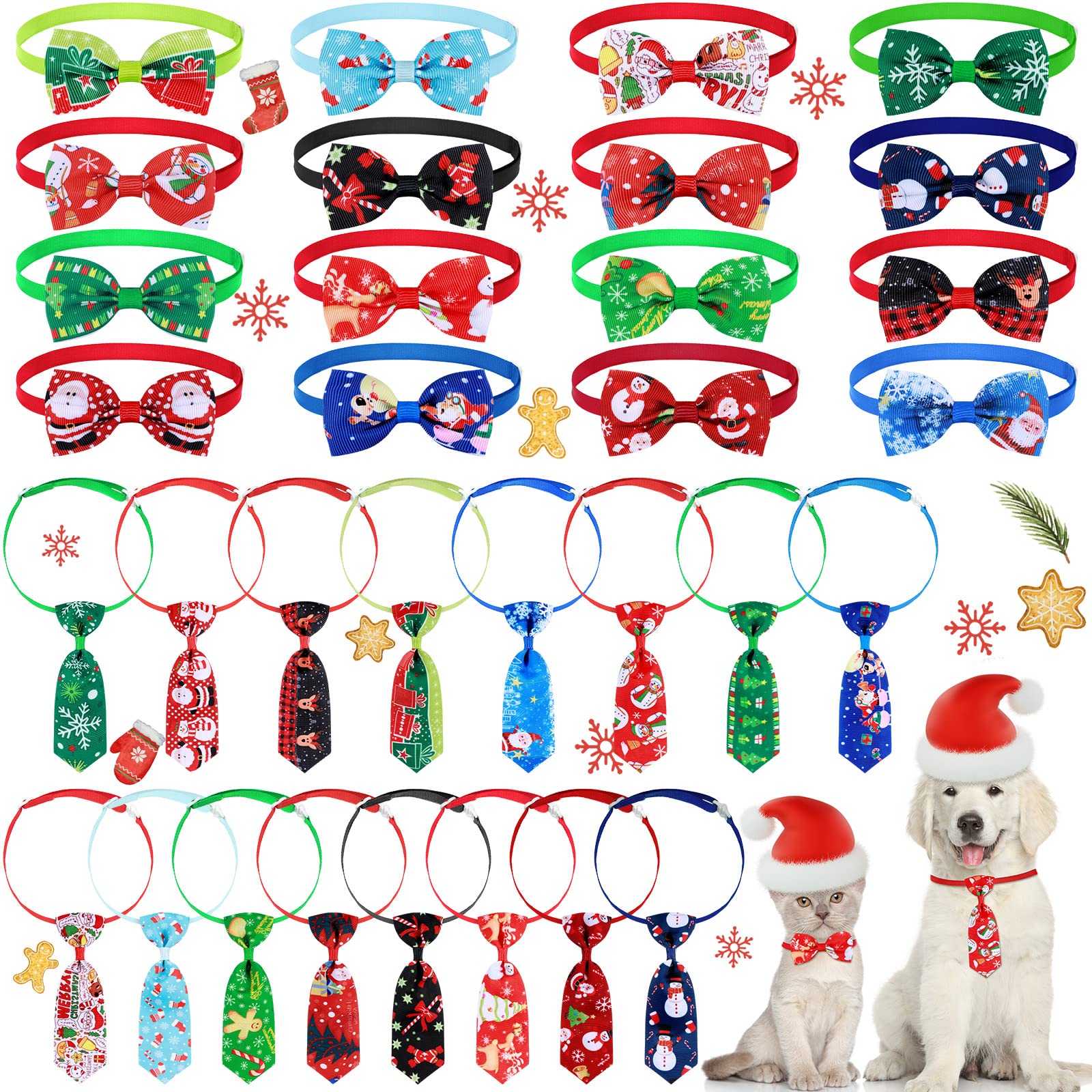 Saintrygo 32 Pcs Christmas Dog Bows for Dogs Christmas Dog Bow Ties Collars Set Includes 16 Dog Neckties and 16 Dog Bow Ties with Adjustable Collar Christmas Grooming Accessories for Dogs(Medium)