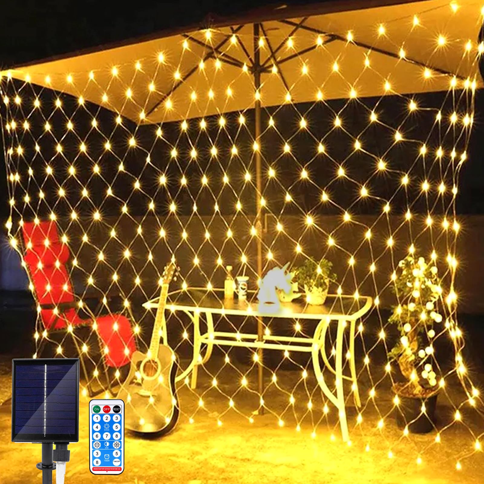 Micacorn Solar Net String Lights Christmas Lights 1.5 x 1.5M Mesh Fairy String Lights 8 Modes 96 LEDs Net Light with Remote Weatherproof Curtain Lights for Garden Christmas Wedding Party Decorations