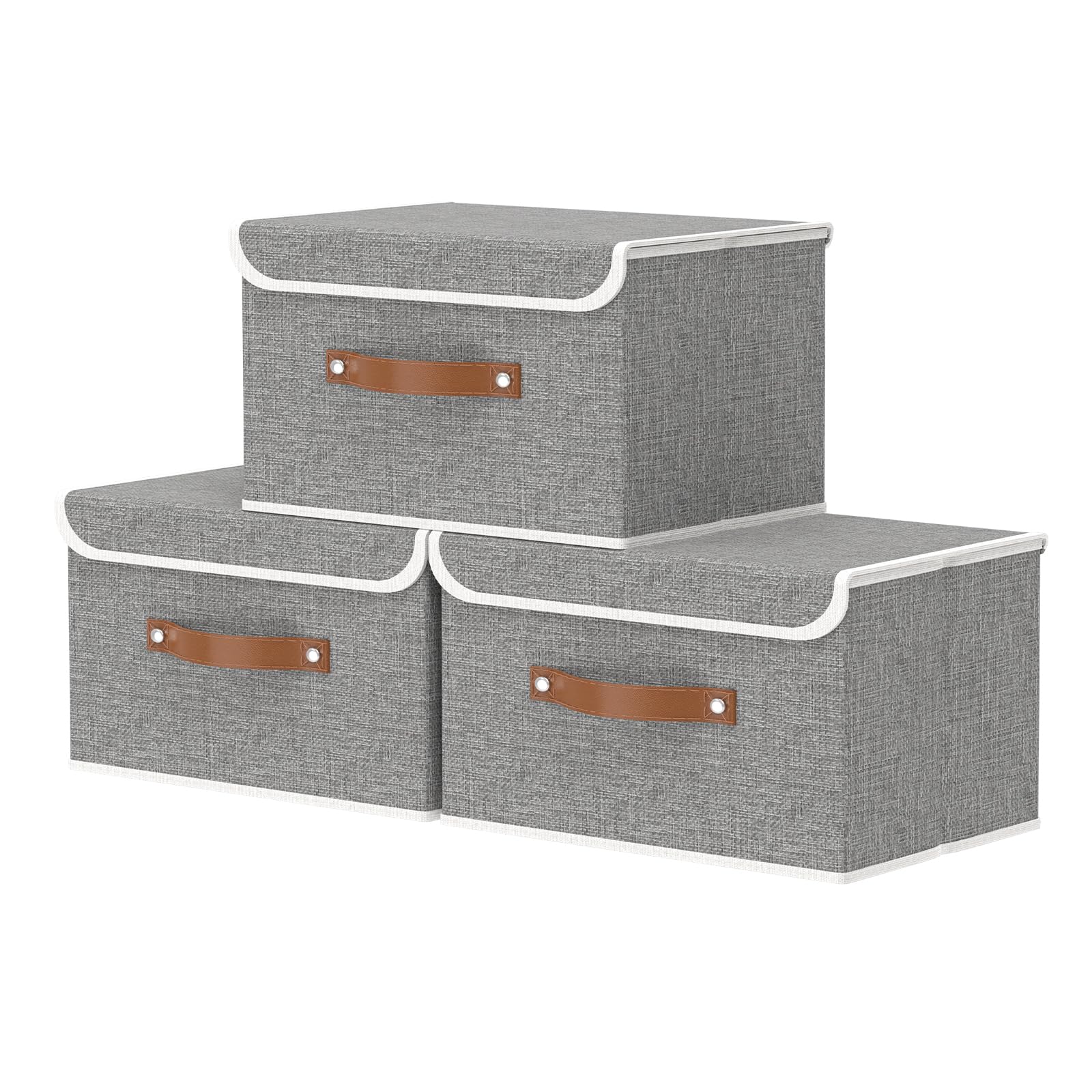 OUTBROS Collapsible Storage Box with Lid, Linen Fabric Clothing Shelf Basket Bins Box For Towels, Clothes 33x23x20 cm (Grey, 3-Pack)