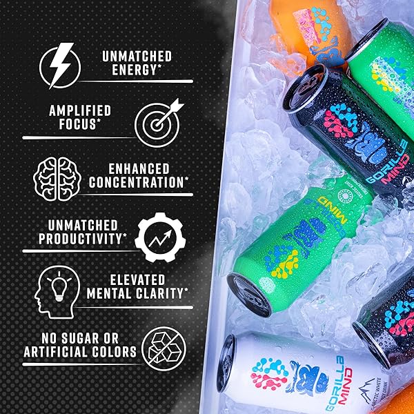 GORILLA MIND ENERGY DRINK | UNMATCHED ENERGY · AMPLIFIED FOCUS | N-ACETYL-L-TYROSINE, ALPHA-GPC, 200MG CAFFEINE, URIDINE, SAFFRON | 0 SUGAR OR ARTIFICIAL COLORS | 16OZ, 12-PACK (LYCHEE BOMB)