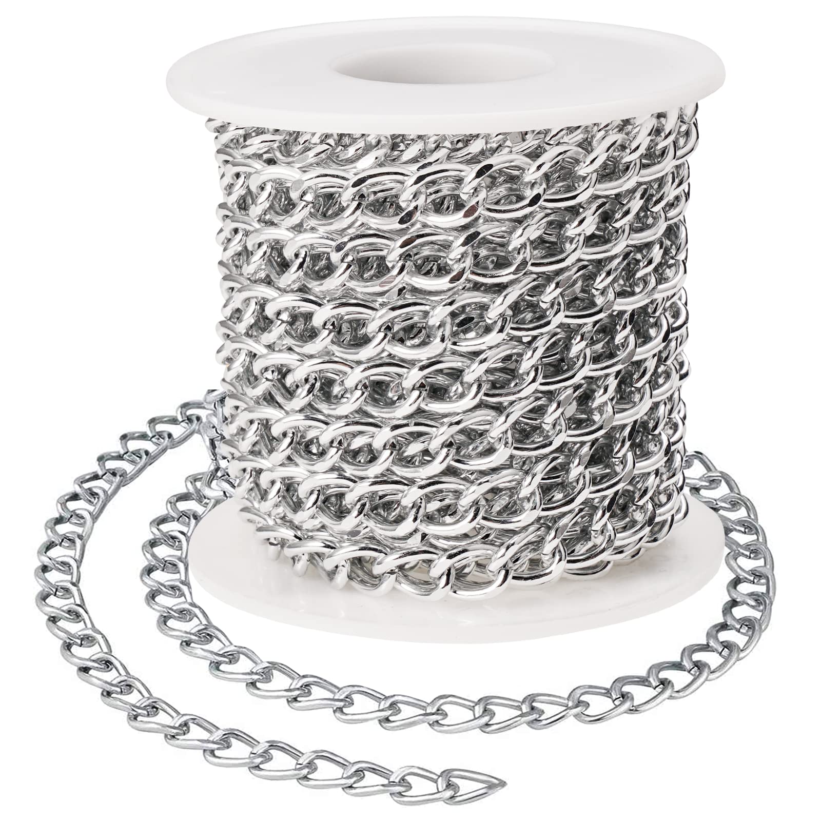 5 Metre Link Chain, Silver Aluminium Metal Chain, Aluminium Curb Chains, Silver Link Chain, Sold by the Metre, Unwelded Twisted Chains, Jewellery Chain, with Spool, for DIY Jewellery Making
