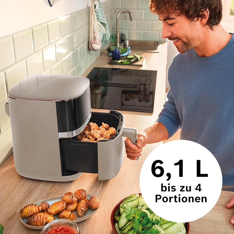 Heißluftfritteuse Serie 4, XL Air Fryer, creme, 6,1 L Fassungsvermögen, 7 Voreinstellungen, Auftau- und Warmhaltefunktion, Touchscreen, bis zu 60% schnelleres Kochen, MAF462C0