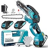 Mini Chainsaw- 6 Inch Electric Mini Chain Saw Cordless Battery Powered One-Hand Tree Trimming Saw with 2 Batteries, Portable Gardening Gadgets for Men, Unique Birthday Gifts for Dad Grandpa (Blue)