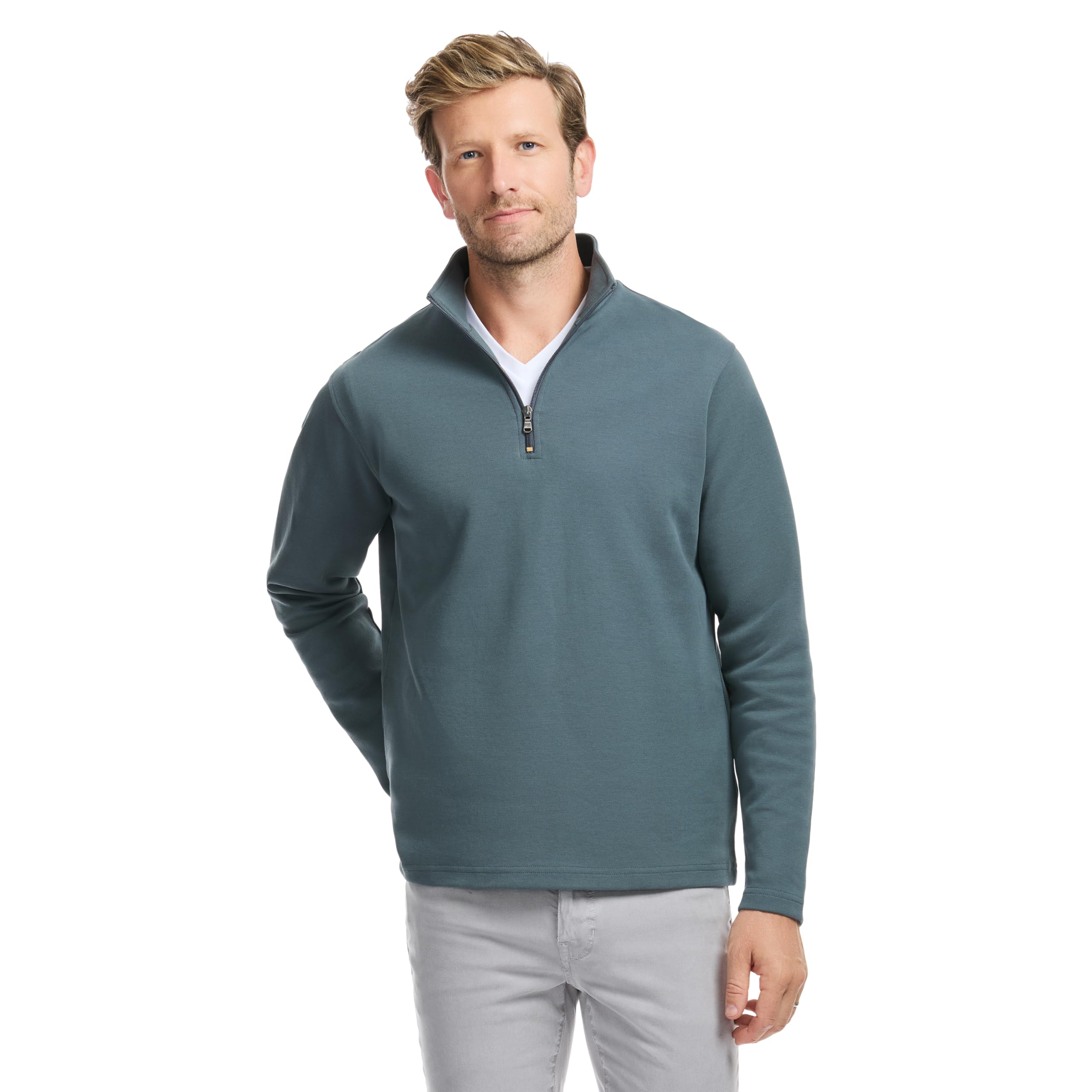SAKS Fifth Avenue Men’s Pique Quarter-Zip Pullover, Premium Cotton Blend Knit Top, Classic-Fit & Richly Detailed, Fog, S