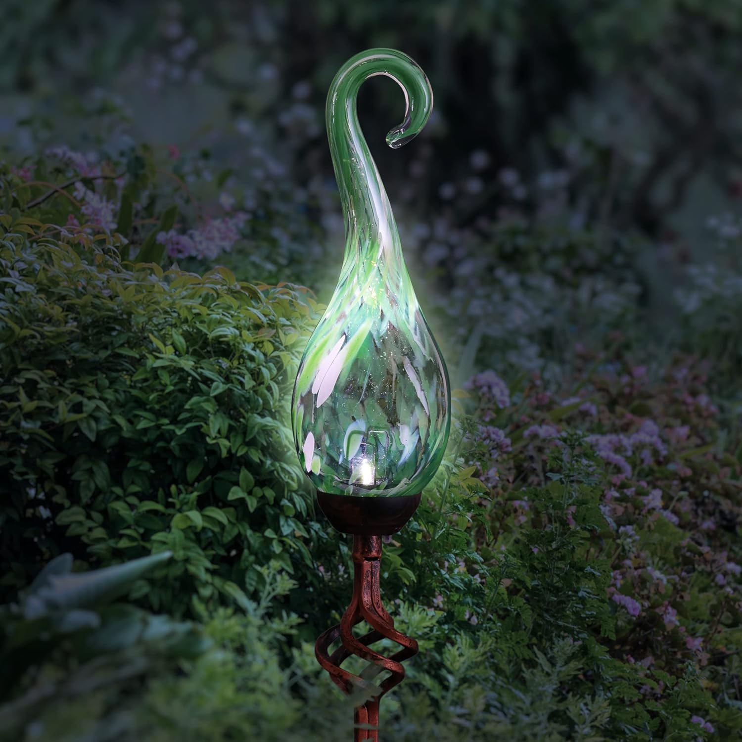 Decorative Garden Stakes - Exhart Garden Solar Lights, Decorative LED Flame Garden Stake, Hand Blown Glass and Metal Outdoor Decoration, Spiral Green, 3 x 36 Inch