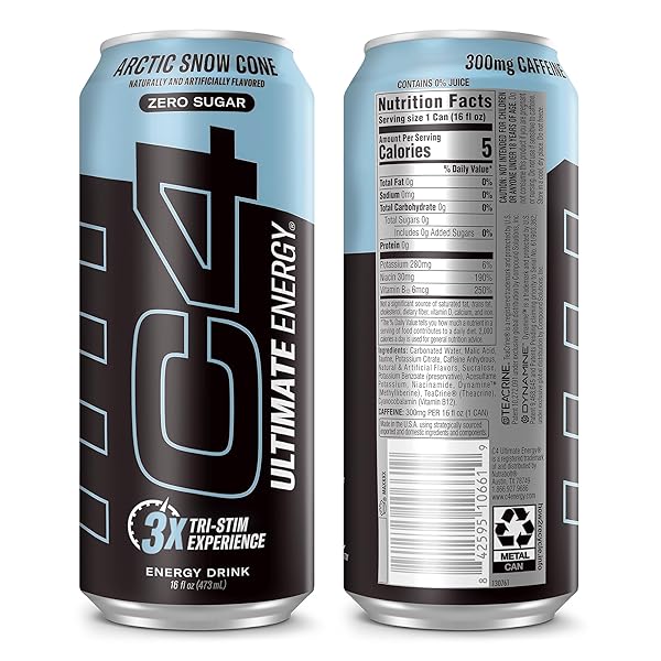 C4 ULTIMATE SUGAR FREE ENERGY DRINK 16OZ (PACK OF 12) | ARCTIC SNOW CONE