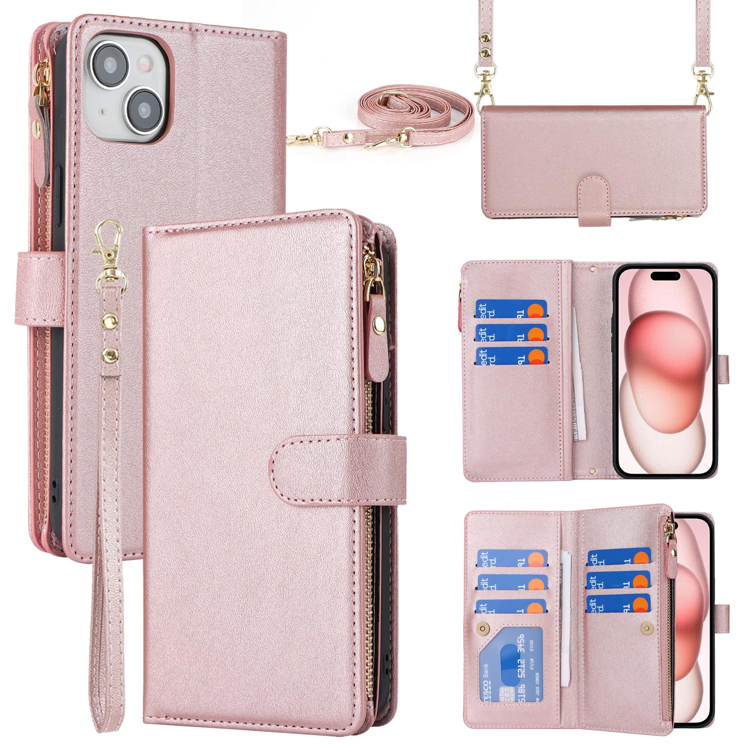 Cavor Compatible with iPhone 15 Case With Card Holder With Strap,Flip Leather Crossbody Wallet Case,[9 Card Holders][Magnetic][Lanyard],Cover Phone Case for women - Rose Gold