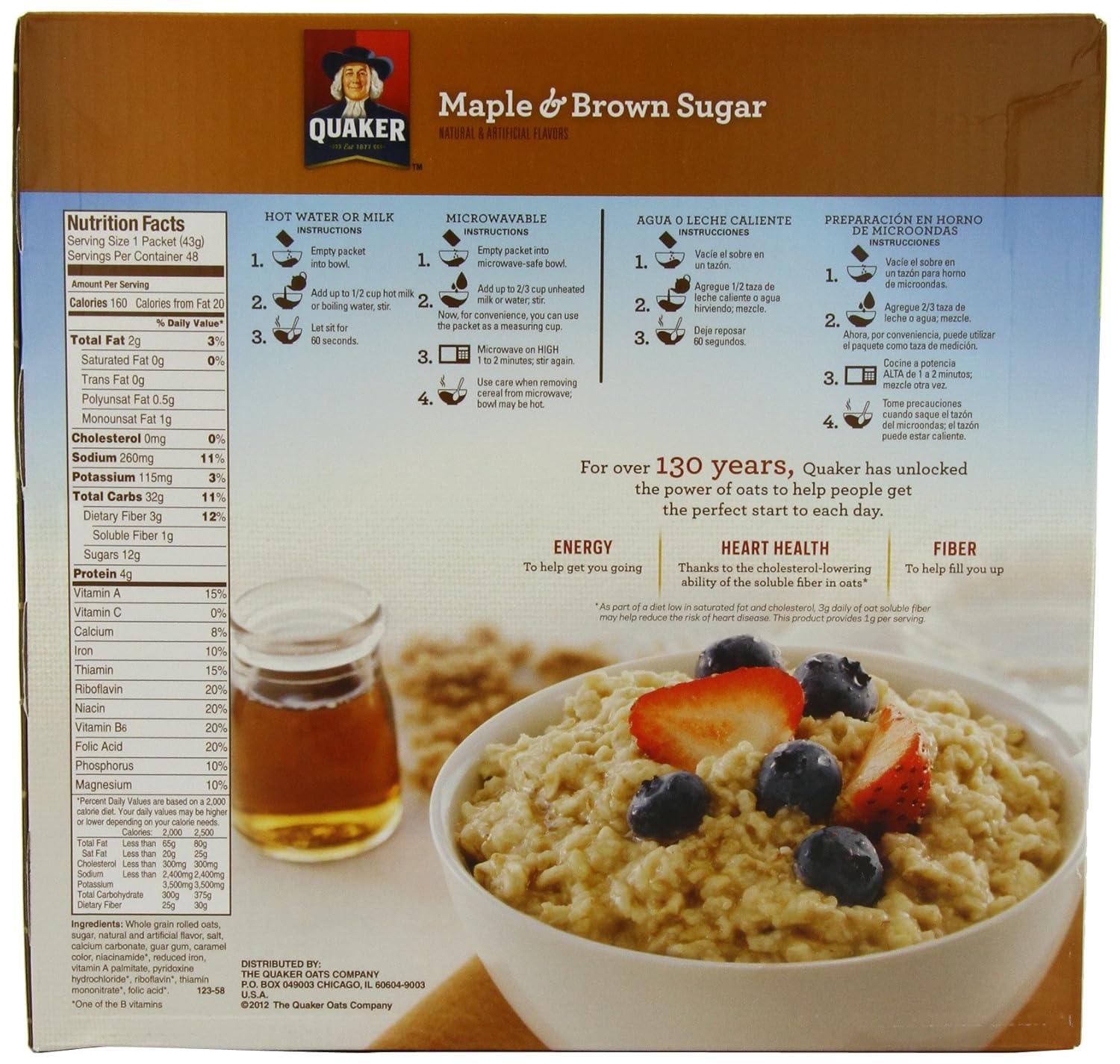 Amazon.com: Quaker Instant Oats, Maple Brown Sugar, 48-Count: Oatmeal Breakfast Cereals