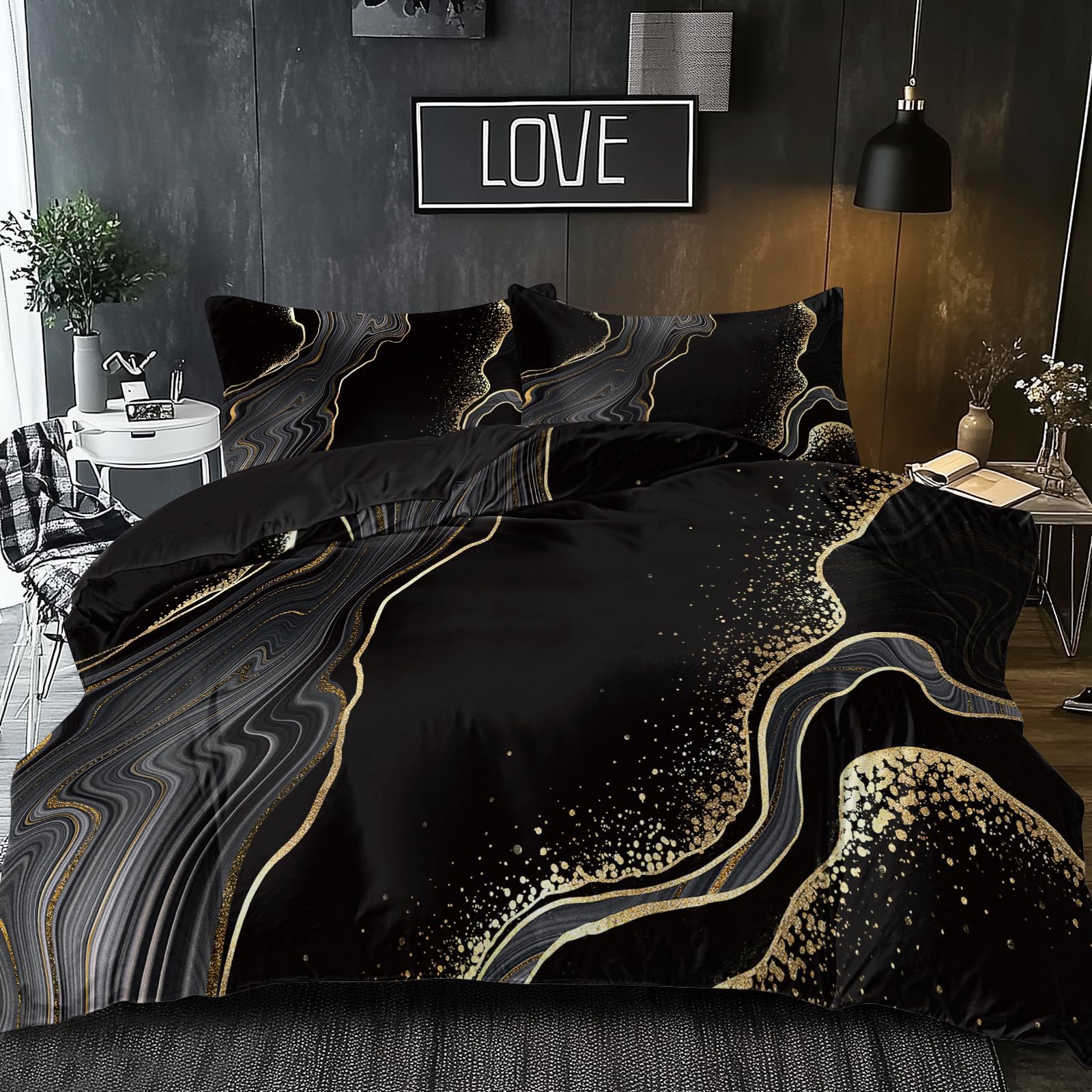 BlessLiving Black Gold Duvet Cover Watercolor Abstract Marble Bedding Set Luxury Modern Minimalist Chic Printed Design Quilt Cover King 1 Duvet Cover 2 Pillowcases