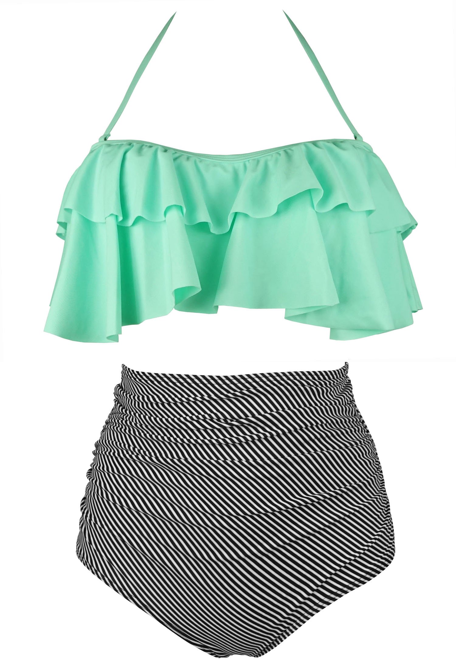 Women's Retro Boho Flounce Falbala High Waist Bikini Set Chic Swimsuit(FBA)