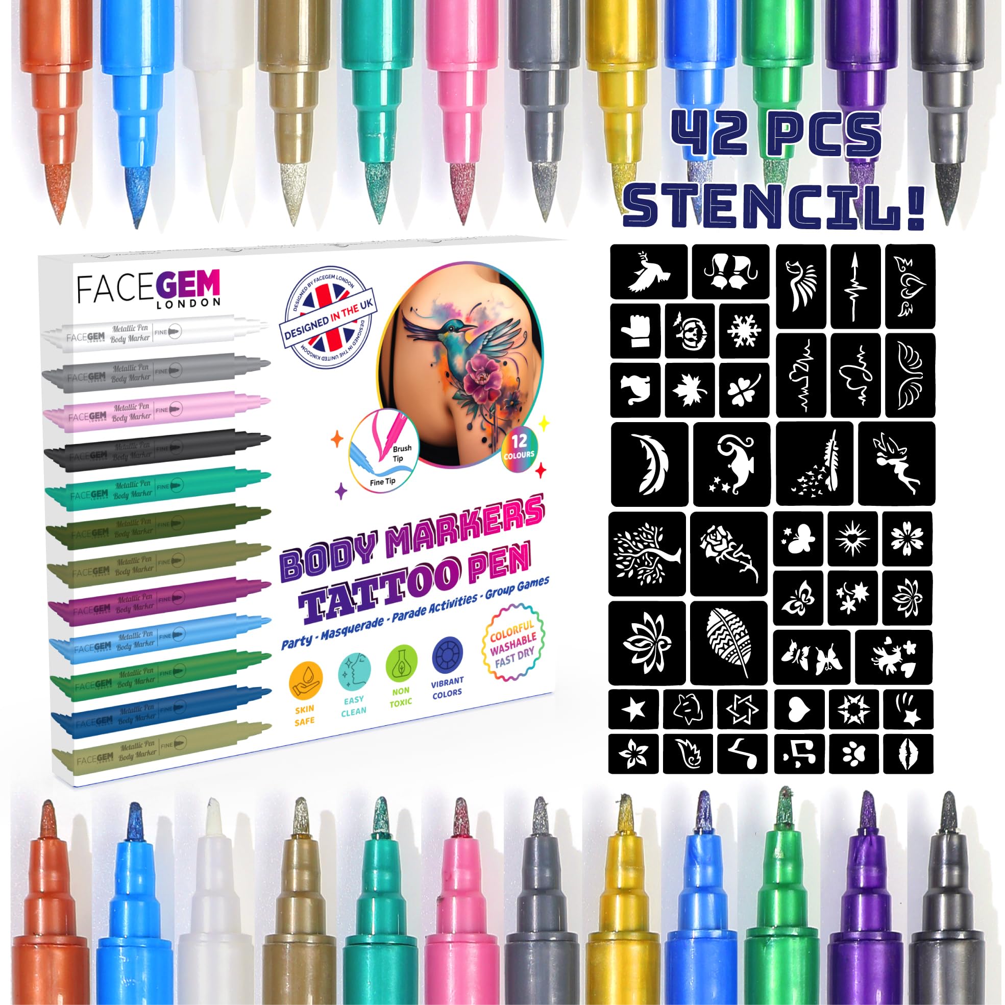 Photo 1 of 12 Metallic Temporary Tattoo Markers – Create Temporary Tattoos with Dual-Tip Body Markers, Bold & Fine Lines, Waterproof, Fast-Drying, Non-Toxic, 42 Stencils, Fake Tattoos Set, Tattoo
